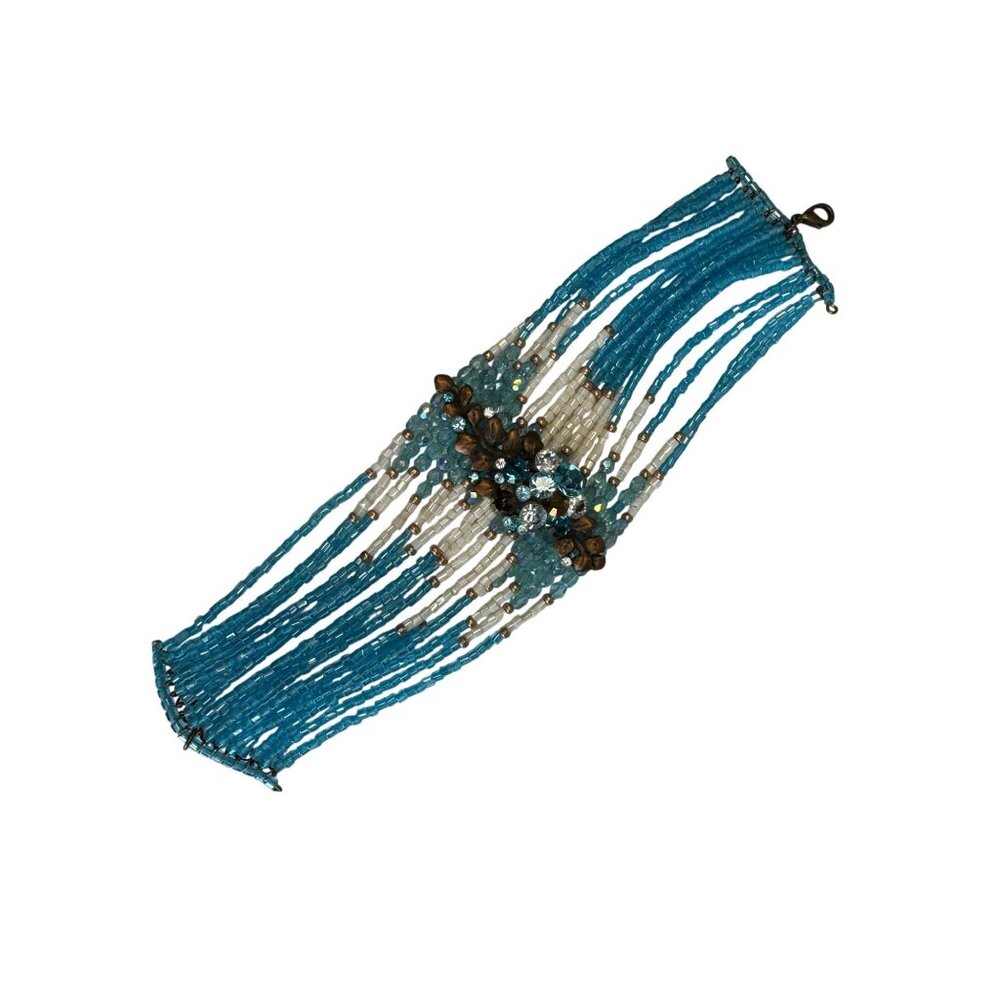 Title:Aqua Boho Wide Cuff Statement Bracelet Seed Beads Rhinestone Center Adjus - Picture 8 of 9
